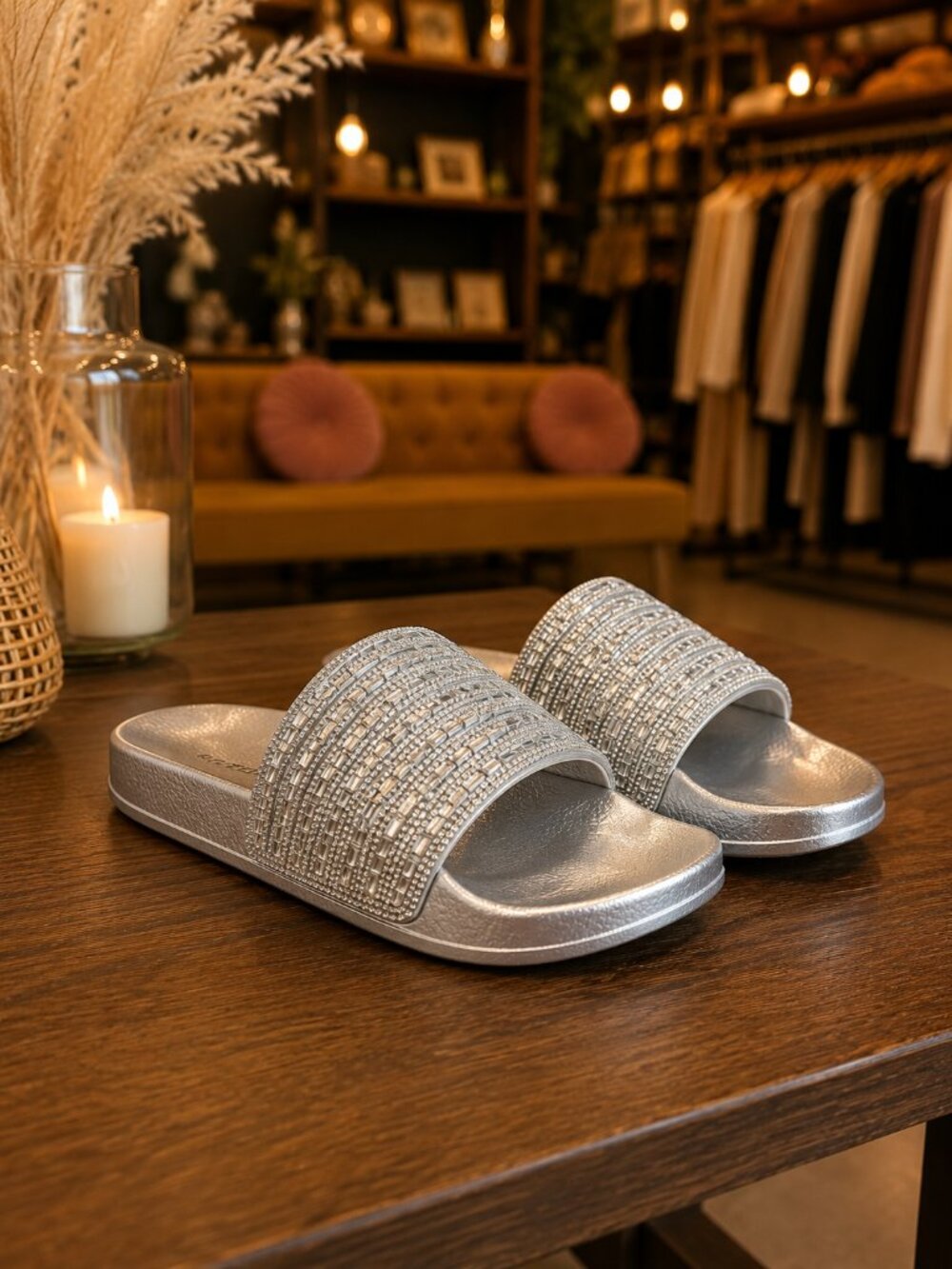 Silver Rhinestone Crystal Mirror Slides Sandals Metallic Sandals - Picture 1 of 3
